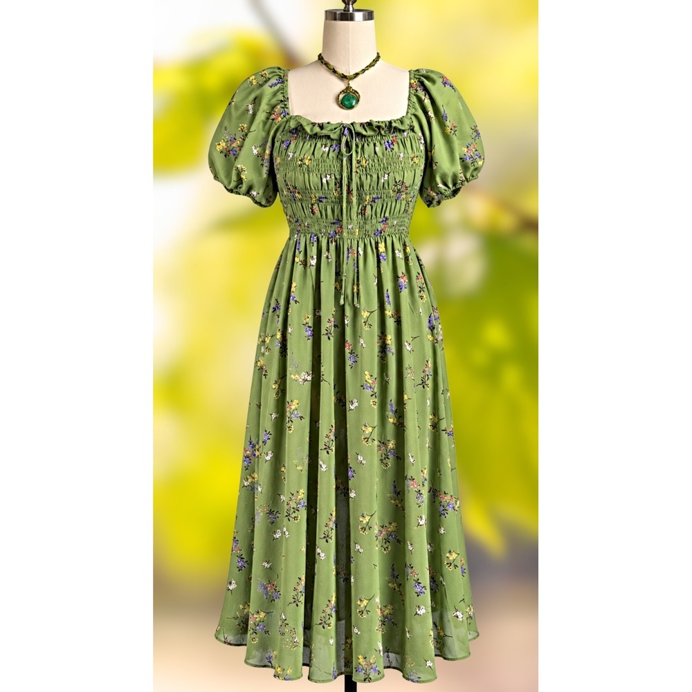 Hesperus Sz 1X Green Floral Smocked Maxi Dress Puff Sleeve Cottagecore